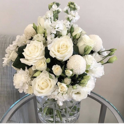 White Elegance - Vase of fresh flowers in whites and greens to include roses