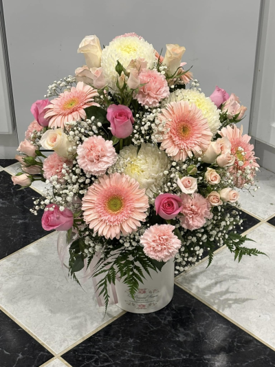 Pink Melody - Cheerful and elegant bouquet brimming with soft, harmonious tones of pink and white in a charming pot. This arrangement is accented with baby's breath and lush greenery for a fresh and full look. Ideal for birthdays, baby showers, or as a sweet gesture of appreciation, this floral display sings with grace and joy.