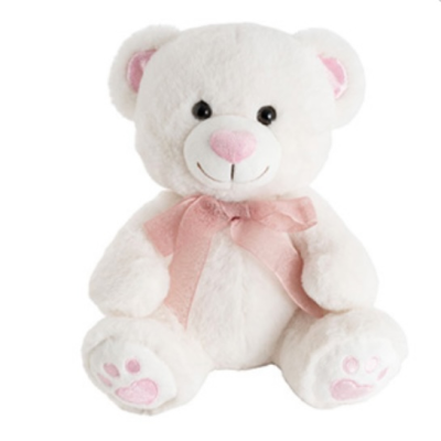 White Bear - White teddy bear with pink accents and a pink bow