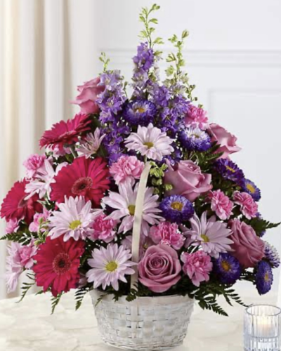 Pandora's Basket - Pandora's Basket is a mix of absolutely gorgeous pinks, lilacs and deep pinks. Perfect basket of blooms for any occasion.